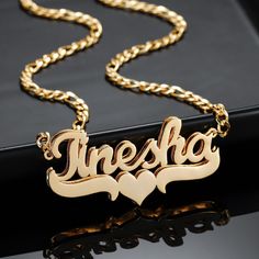 Custom Name plate Necklace in 14K Gold with underline heart accent personalized and custom-made with your desired text. Our double layer 3D nameplate jewelry is handcrafted with 14K Gold-filled Stainless Steel meaning it is waterproof, hypoallergenic, non tarnish, and everlasting! These are the perfect gifts for the King and Queen in your life. They scream elegance, luxury, and style all while being friendly to your pockets! DETAILS: ❣️NOW ALSO AVAILABLE IN CHILDRENS SIZE 14 inch chain length❣️ Custom Name Necklace For Anniversary, Customizable Nameplate Necklace For Anniversary, Personalized Necklace For Anniversary, Valentine's Day Gift, Personalized Necklace For Valentine's Day Anniversary, Gold Necklace With Custom Text For Valentine's Day, Personalized Nameplate Necklace For Anniversary, Personalized Necklace For Valentine's Day, Custom Text Jewelry For Valentine's Day Birthday, Custom Text Jewelry For Birthday On Valentine's Day