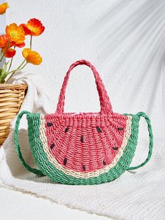 Be one step ahead in fashion with our Trendy Watermelon Vibes Woven Handbag. Made with a stylish woven design and a convenient shoulder strap, this bag provides both functionality and fashion. Perfect for everyday use or special occasions. Upgrade your style with trendy watermelon vibes. Color : Red Type : Novelty Bag Bag Size : Small Pattern Type : Fruit&Vegetable Material : Paper Size Strap Length Bag Length Bag Width Bag Height Handle Height one-size 120 21 8 14 11 Trendy Portable Straw Shoulder Bag, Casual Woven Bucket Satchel, Casual Handheld Woven Shoulder Bag, Casual Woven Satchel For Shopping, Trendy Woven Bucket Bag, Trendy Summer Crossbody Shoulder Bag, Trendy Handheld Crochet Bag, Casual Straw Satchel Bag With Adjustable Strap, Casual Handheld Woven Bag