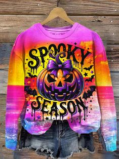 Round Neck Long Sleeve Top, Patchwork Jeans, Halloween Fashion, Cozy Sweatshirts, Casual Party, The Clothes, Spooky Season, Printed Sweatshirts, Pullover Sweatshirt