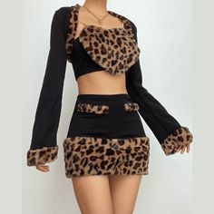 Long sleeve leopard print fluffy shrug sweetheart neck 2 piece mini skirt set Crop Top And Mini Skirt Outfit, Cute Party Outfits Aesthetic, Pink And Cheetah Print Outfit, Tina Turner Inspired Outfit, Mini Camo Skirt Outfit, Cheetah Print Outfit Ideas, Cheetah Print Y2k Outfits, Black Loincloth, Sleazy Outfits