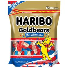 a bag of harbo goldbears gummy bears on a white background