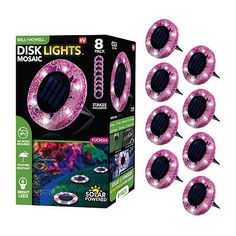 pink light up solar powered garden lights in a box and 8 pack on the packaging