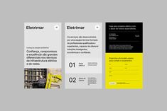 three different types of brochures with yellow and black accents on the front, back and sides