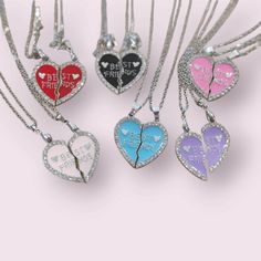 These adorable friendship necklaces come in two pieces, one for each bff. It is in the shape of a heart that is split in two, surrounded by sparkly rhinestones. When you put the two pieces together, they fit perfectly and make the heart whole. Available in 6 colors! Double Heart Charm Necklace For Friendship, Heart Pendant Charm Necklaces For Valentine's Day, Heart Pendant Charm Necklaces For Friendship And Valentine's Day, Valentine's Day Heart Charm Necklace For Friendship, Heart-shaped Friendship Charm Necklaces, Double Heart Charm Necklace Valentine's Day Gift, Heart Charm Necklace For Friendship, Silver Double Heart Necklace For Friendship, Pink Heart Necklace For Best Friend