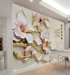 this is an image of a dining room with flowers on the wall