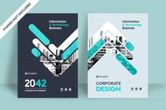 two brochures with blue and white shapes on the front, one is for corporate business