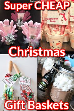 christmas gift baskets and super cheap gifts for the holiday season are featured in this collage