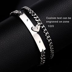 Material: Stainless Steel Weight: 23g/Pair (Cuban Chain) 25g/Pair (NK Chain) Chain Length: Heart Pendant Chain: 18cm Bar Pendant Chain: 20cm Package: A Pair of Bracelet 【How to Order】 1 Choose Style 2 Add your personalized text (e.g. Longitude, Coordinates, Roman Numeral, Names, Initials, Anniversary, Symbol etc.) 3 Choose Quantity 4 Submit Order Stainless Steel Bangle Bracelet For Valentine's Day, Couples Bracelets For Valentine's Day Promise, Friendship Metal Bracelets For Valentine's Day, Silver Heart Bracelet For Couples, Couples Stainless Steel Bracelets As Gifts, Couples' Stainless Steel Bracelets As Gifts, Personalized Couples Bracelets For Anniversary, Couples Bracelets For Valentine's Day, Promise Bracelets For Valentine's Day In Stainless Steel