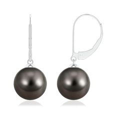 Secured to leverback closures are Tahitian cultured pearls that look enticing for their iridescent hue and luster. These solitaire pearl earrings are set in 14k white gold and look unassumingly elegant. Formal Round Pearl Earrings With Lever Back, Formal Round Pearl Earrings With Lever Back Ear Wires, Classic Pearl Earrings With Lever Back, Silver Pearl Earrings With French Hook For Formal Events, Silver Pearl Earrings With French Hook For Formal Occasions, Classic Pearl Earrings With Lever Back Ear Wires, Classic Tahitian Pearl Earrings, Classic Silver Pearl Earrings With French Hook, Elegant White Gold Earrings With Lever Back