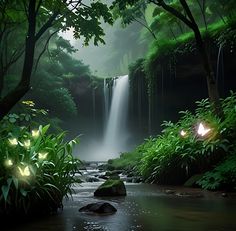 a waterfall in the middle of a forest filled with green plants and rocks, surrounded by bright lights