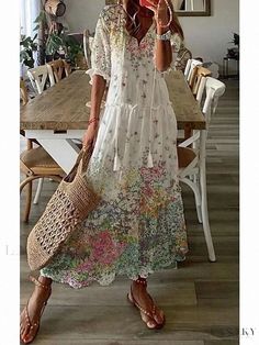 Lasaky - Comfortable Loungewear with Intricately Designed Long Sleeves Spring Floral Prints, Bohemian Dresses Long, Beach Holiday Dresses, Floral Dresses Long, Printed Long Dresses, High Waist Fashion, Bhutan, Vanuatu, Vestido Casual