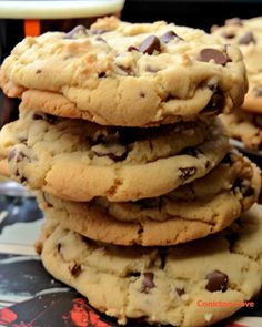 chocolate chip cookies stacked on top of each other