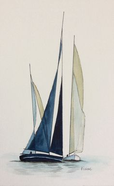 a watercolor painting of three sailboats in the ocean