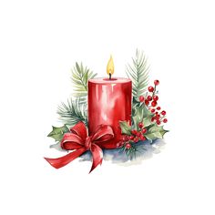 a christmas candle with holly and red ribbon