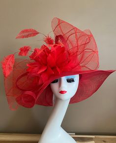 "Red wide brim sinamay hat with large red bow and feather flowers, elegant, light and comfortable to wear. Head size is about 22.5\" unless otherwise requested. All hats include a sizing band to adjust for a comfortable fit.  Key Features: Wide brim Appr: 6\" Head Grith Appr: 22.5\" and adjustable to fit sizes smaller than 22.5\" Crown Deep Appr: 4.5\" Processing Time: 1-3 business days Warm tips:  ❤️Group discount on 3 or more pieces, please contact me for further information on group discount. Luxury Red Hat For Kentucky Derby, Tea Hat, Feather Flowers, Sinamay Hat, Tea Hats, Sinamay Hats, Wedding Tea, Elegant Hats, Feather Flower