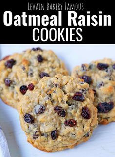 three oatmeal raisin cookies on a white plate with text overlay