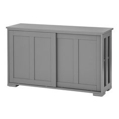 a grey cabinet with doors and drawers