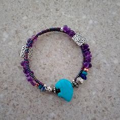 Handmade Jade And Amethyst Bracelet. New, No Clasp, Just Wraps Around Wrist. Big Bracelets, Beaded Memory Wire Bracelets, Lava Bead Bracelet, Beaded Memory Wire, Beaded Cuff Bracelet, Handcrafted Bracelets, Beaded Crafts, Moonstone Bracelet, Amethyst Bracelet