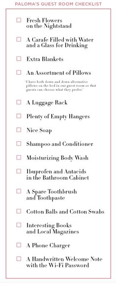 the printable menu for paloma's guest room checklist is shown in red