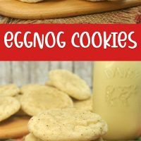 eggnog cookies stacked on top of each other next to a jar of milk