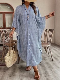 Azul Casual Collar manga media Tela tricotada A rayas Camisa,Caftán Embellished No-Elástico Shirt Kaftan, Plus Size Women Summer, Kaftan Pattern, Striped Shirt Dress, Vestido Casual, African Attire, Batwing Sleeve, Summer Holiday, Kids Beachwear