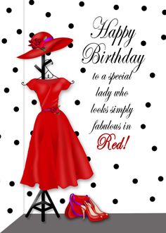 a birthday card with a red dress and hat on a mannequin's stand