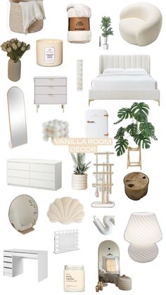 a collage of white furniture and accessories