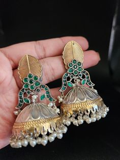 Jhumka earrings Around 3 inches Brass made Traditional Dual-tone Earrings For Diwali, Traditional Dual-tone Earrings For Festive Occasions, Traditional Dual-tone Earrings For Festivals, Dual-tone Earrings For Diwali, Traditional Dual-tone Festive Earrings, Festive Dual-tone Temple Jewelry Danglers, Festive Traditional Dual-tone Earrings, Dual-tone Kundan Temple Jewelry Earrings, Traditional Dual-tone Kundan Earrings