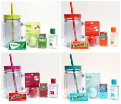 four different shots of the contents of a mason jar with toothbrushes, soaps, and other items