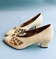 1930's style pumps with a cut out spiderweb design. Little brass spider detail.  Heel measures 5cm.  100% vegan.  Available in black, silver or cream.  I have a variety of sizes left of these so please get in touch with your size and colour preference and I'll check if I have them for you. Helena Garcia, Edwardian Shoes, 1930s Shoes, Vintage Shoes Women, Half Boots, Mid Heel Shoes, Womens Pumps, Embroidered Shoes, Shoes Pumps