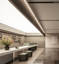 an empty room with two benches and a plant on the counter in front of it