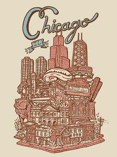 the chicago skyline is shown in red and brown