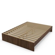 a bed frame with wooden slats and no sheets on the headboard, in front of a white background