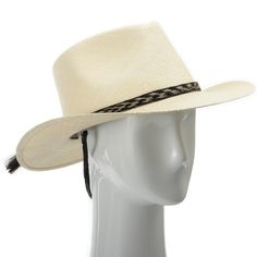 The Rio Grande is an American hybrid between a teardrop crown fedora and the brim and stiffness of a western cowboy hat. Features a sweat-resistant band on the inside and a handcrafted leather and horsehair band on the exterior. The chin strap can be worn functionally or placed above the brim as an extension of the hatband. This item is a genuine Panama Hat handwoven in Ecuador. Imported Material: 100% Toquilla StrawBrim: 3" fixedCrown: 4 1/8" teardropHatband: 5/8" horsetailClimate: Sun Handwove Straw Panama Hat, Cowboy Gear, Australian Outback, Western Cowboy Hats, Safari Style, Horse Hair, Hat Band, Handcrafted Leather, Cowboy Hat