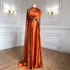 Luxury Arabic Orange Brown Long Sleeve Evening Dress with Cape: Dubai Beaded Elegant Women's Wedding Party Gown Evening Dress With Cape, Orange Brown Color, Long Sleeve Evening Dress, Dress With Cape, Bridal Elegance, Arabic Design, Brown Long Sleeve, Long Sleeve Evening Dresses, Evening Dress Fashion