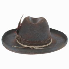 If you seek a hat that pushes boundaries of classic fashion into rugged, artistic territories, the Belfry Liro is a top contender! Hand-painted with a dry bristled scumble technique that varies from hat to hat for a distressed look, each Liro is one of a kind! Its texturally artistic flair is only expanded upon with the detailing of jute roping overlaying a subtly playful ribbon contrasting browns and oranges against its blue-gray wool felt body. As an added bonus, the Liro is water repellent an Rugged Short Brim Hat For Country Events, Rugged Brimmed Hat For Country Events, Vintage Felt Hat With Curved Brim For Outdoor, Rustic High Crown Hat For Western-themed Events, Artisan Fedora With Short Brim For Fall, Rustic High Crown Hat For Rodeo, Brown High Crown Fedora For Country Events, Rustic Felt Hat For Rodeo In Fall, Rustic Brimmed Felt Hat For Country Events