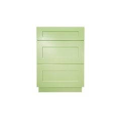 a green cabinet with two drawers on the bottom and one drawer in the middle, against a white background