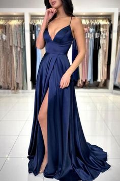 Achieve a stunning look in our Sexy Long Simple Navy Blue Spaghetti Straps Prom dresses with Slit. The slit adds a touch of sophistication while the spaghetti straps provide a flattering fit. Make a statement at your next event with this elegant and alluring dress. Best Formal Dresses, Princess Evening Dress, Sweep Train Prom Dress, Formal Prom Dresses Long, Classy Prom Dresses, Prom Dresses With Pockets, Stunning Prom Dresses, Spaghetti Strap Prom Dress