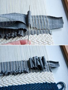 two pictures showing how to sew the ends of denim fabric with scissors and thread