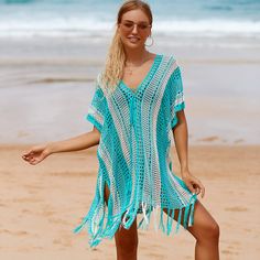 Details: Tassel Hollow Holiday Style Swimwear Cover Up Tassel Loose fitting Skin friendly Fabric: Polyester Size: One Size. Size(IN) Bust Sleeve Length One Size 59.05 24.40 35.43 Please allow 0.4"-0.8" differs due to manual measurement. Kimono Crochet, Knit Beach Dress, Solid Color Swimsuit, Striped Swimwear, Bathing Suit Dress, Knitted Swimsuit, Printed Tankini, Rainbow Fashion, Fashion Cover