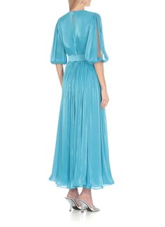 - Turquoise Costarellos lurex georgette dress for woman - Deep V- neck - Short balloon sleeves with cut-out detail - Elastic waist - two front vents at hem - Rear button and zip fastening - Bare back - Matching belt includedComposition: 95% Polyester, 5% Polyamide Short Balloon Sleeves, Wang Dress, Georgette Dress, Zimmermann Dress, Dress For Woman, Feminine Design, Balloon Sleeves, Luxury Fabrics, Signature Style