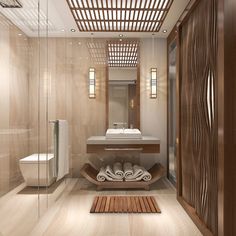 a modern bathroom with wooden accents and white fixtures