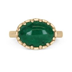 A bezel-set emerald cabochon 14K gold ring. Featured here is this lovely 5.47-carat natural, earth-mined emerald cabochon. This stone displays a gorgeous, dark green color, and very good luster. This natural beauty is set in a 14K yellow gold bezel setting. Setting Style: Bezel / Solitaire set Setting Material: 14K Yellow Gold Gold Weight: 4.8 Grams Main Stone: Emerald Cabochon Shape: Oval Cut Weight: 5.47-Carats Clarity: Translucent Color: Dark Green Luster: Very Good Origin: Zambia Treatments: Fine Jewelry Emerald Oval Cabochon Ring, Fine Jewelry Emerald Ring With Oval Cabochon, Yellow Gold Emerald Ring With Oval Cabochon, Yellow Gold Emerald Ring Oval Cabochon, Emerald Oval Cabochon Ring As A Gift, Luxury Emerald Ring With Oval Cabochon, Timeless Bezel-set Emerald Ring For May Birthstone, Elegant Emerald Ring With Cabochon Cut, Timeless Emerald Ring With Bezel Setting For May Birthstone