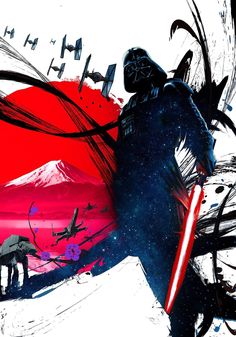 a star wars poster with darth vader and other characters in the background,