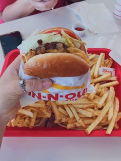 a person holding a hot dog and french fries in front of a red tray on a table