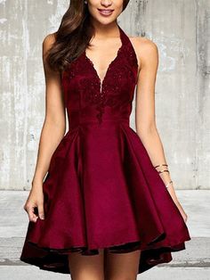 2019 A-Line Satin V-neck Lace Short Burgundy Homecoming Dresses Vestidos Color Vino, Short Mini Dresses, Prom Dress For Teens, Homecoming Dresses For Teens, Homecoming Dress Short, Short Satin, Satin Homecoming Dress, Short Homecoming Dress, Short Prom Dress