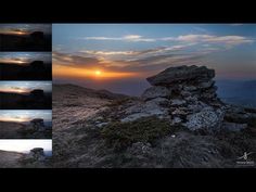 the sun is setting on top of a rocky outcropping in the mountains