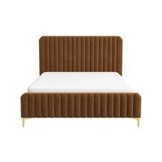 an upholstered bed with gold legs and a brown velvet headboard, on a white background