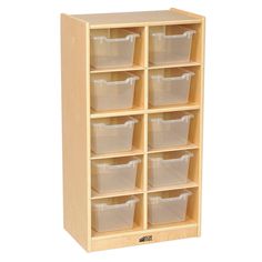 a wooden shelf filled with plastic bins