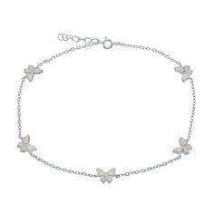 "You are sure to love the adorable design of this sterling silver and lab-created opal butterfly pendants anklet. You are sure to love the adorable design of this sterling silver and lab-created opal butterfly pendants anklet. Length: 10 in. Metal: sterling silver Plating: rhodium Finish: polished Packaging: boxedSTONE DETAILS Stone type: lab-created opal Total weight: 4 1/3 ct. Shape: pear Setting: bezel Gemstones may have been treated to enhance their appearance. Special care may be required. White Sterling Silver Anklets As Gift, Butterfly Jewelry, Butterfly Pendant, Anklet Jewelry, Custom Shoes, Body Jewelry, Anklets, Gender Female, Age Group